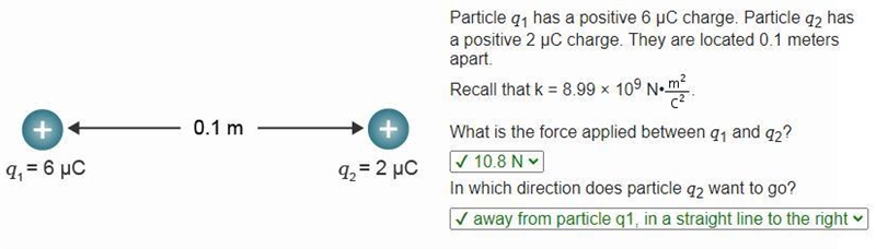 An illustration with two positive spheres 0.1m apart. The one on the left is labeled-example-1