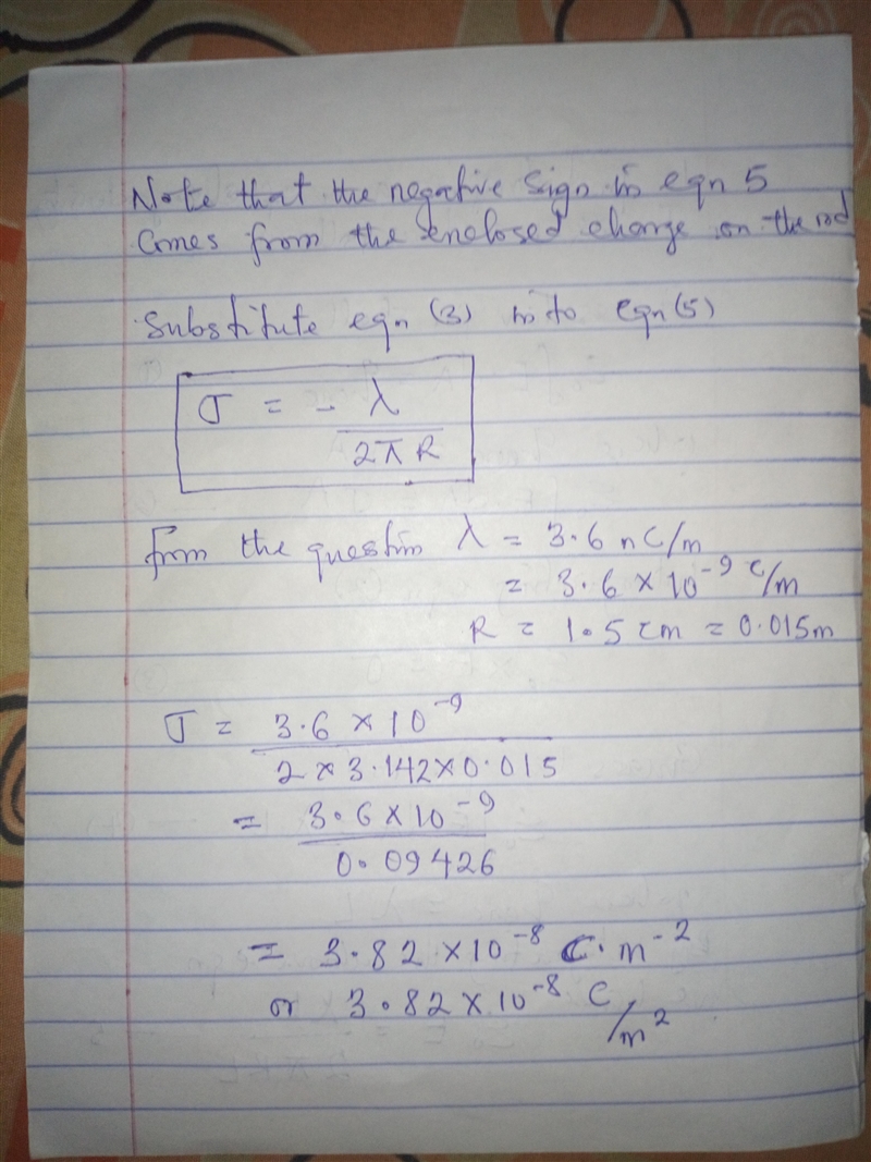 A long, straight wire has a uniform constant charge with linear charge density, - 3.60 nC-example-2