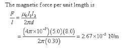 Two long parallel wires carry currents of 5.0 A and 8.0 A in the opposite direction-example-1