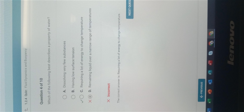 Question 5 of 10 Which of the following best describes a property of water? O A. Dissolving-example-1