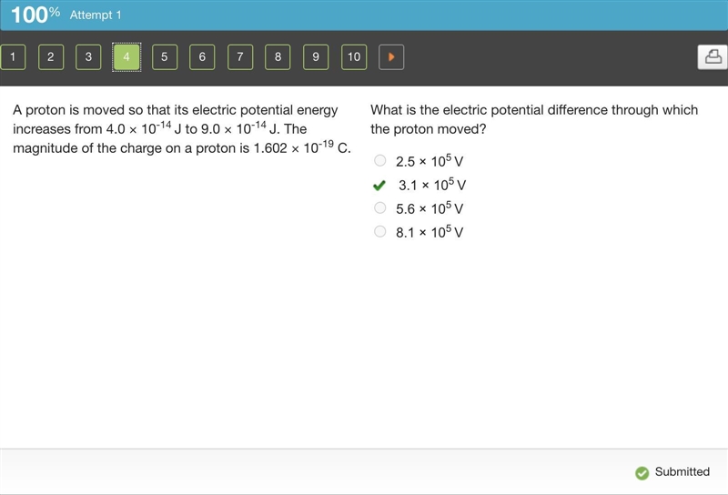 A proton is moved so that its electric potential energy increases from 4.0 × 10-14 J-example-1