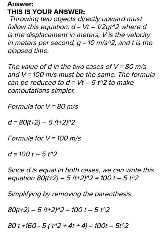 two object A and B vertically thrown upward with velocities of 80m/s and 100m/s at-example-1