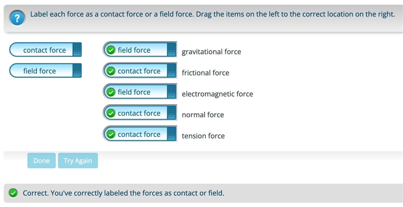 Newton's Laws: Tutorial 12 of 30 Label each force as a contact force or a field force-example-1