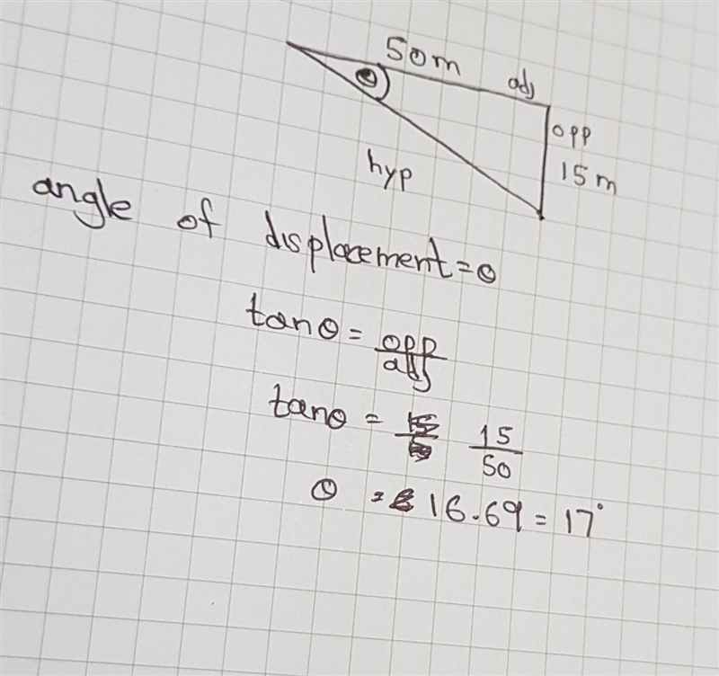 You moved 50 meters right then 15 meters down. What is the angle of displacement (round-example-1