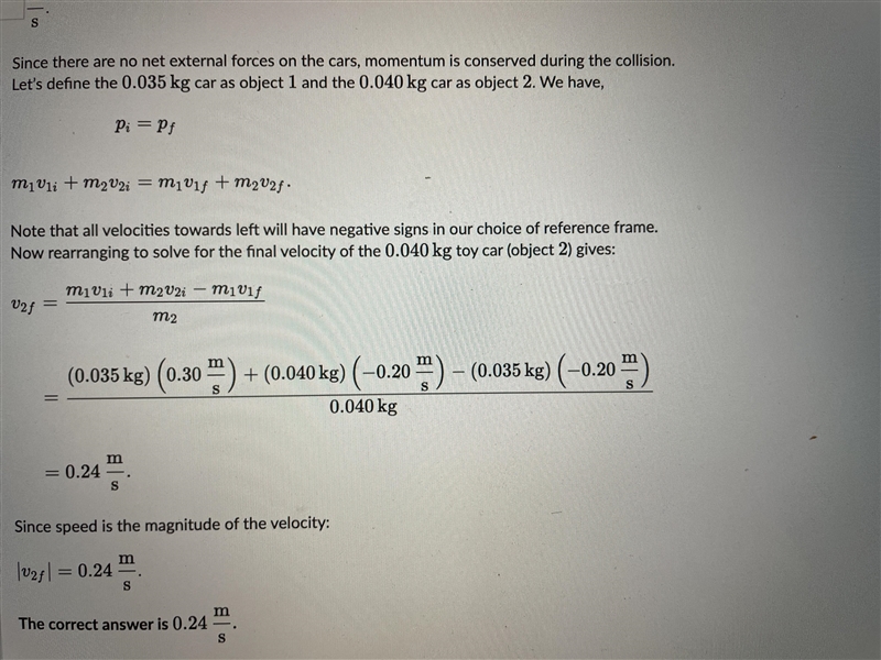S m On a frictionless toy race track, a 0.035 kg toy car moving right at 0.30 collides-example-1