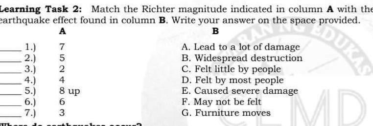 Learning Task 2: Match the Richter magnitude indicated in column A with the earthquake-example-1