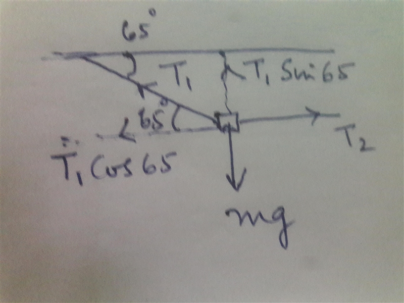 A 1.2 kg mass is suspended from the ceiling by a string. A second horizontal string-example-1