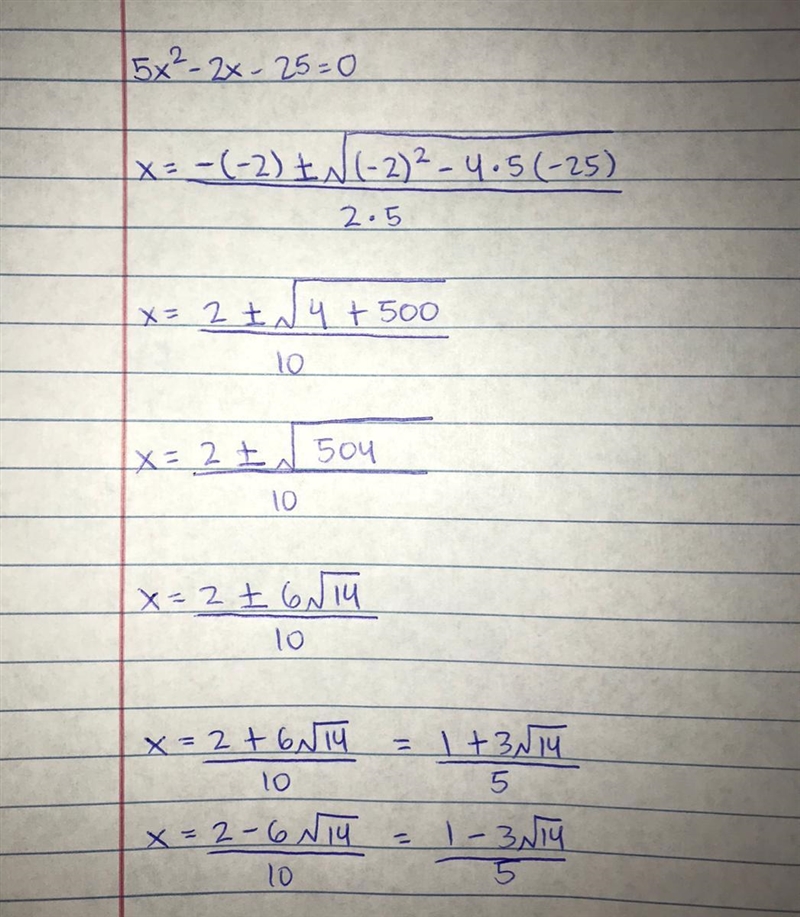 Solve the quadratic equation: 5x²-2x-25=0​-example-1