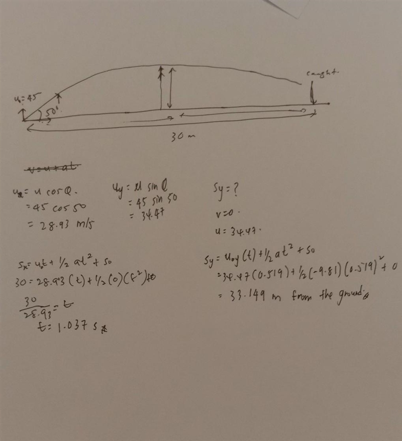 A ball is thrown at an angle 50 degrees relative to the ground at a speed of 45 m-example-1