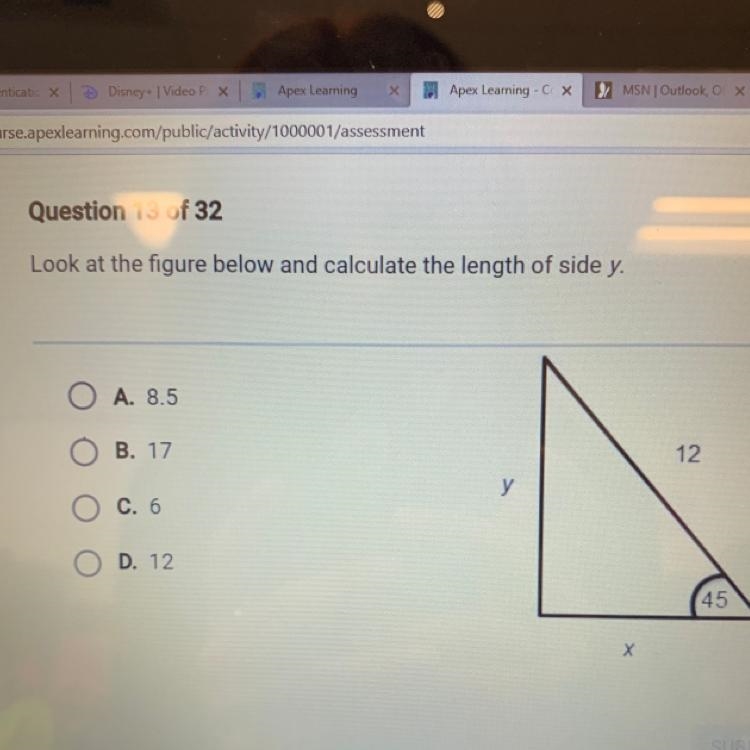 Look at the figure below and calculate the length of side y. A. 8.5 B. 17 12 y C. 6 O-example-1