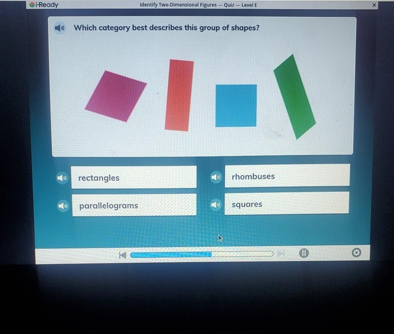 Which category best describes this group of shapes? rhombuses rectangles parallelograms-example-1