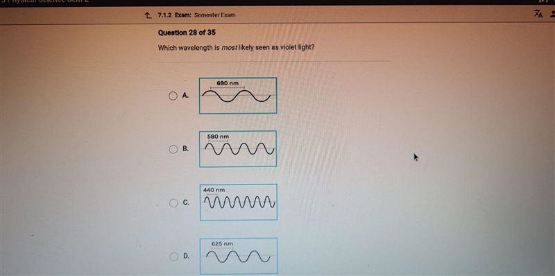 Which wavelength is most likely seen as violet light?-example-1