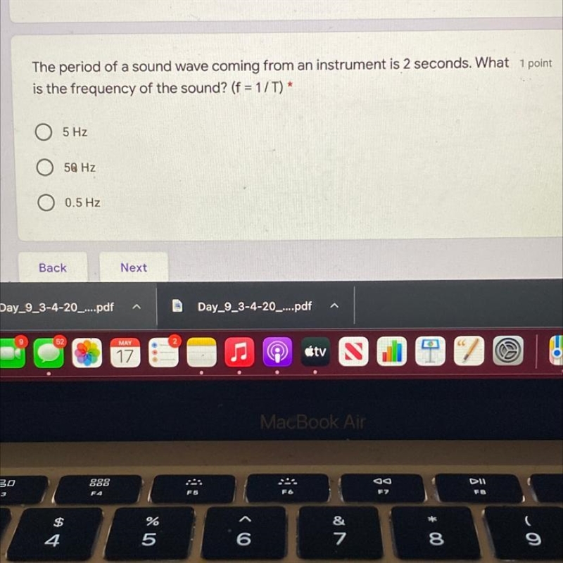 The period of a sound wave coming from an instrument is 2 seconds. What 1 point is-example-1