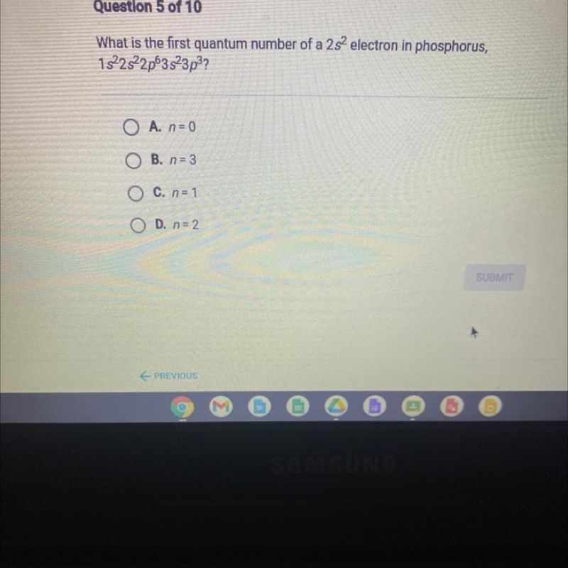 What is the first quantum number of a 252 electron in phosphorus, 1322s22p3s23p3? A-example-1