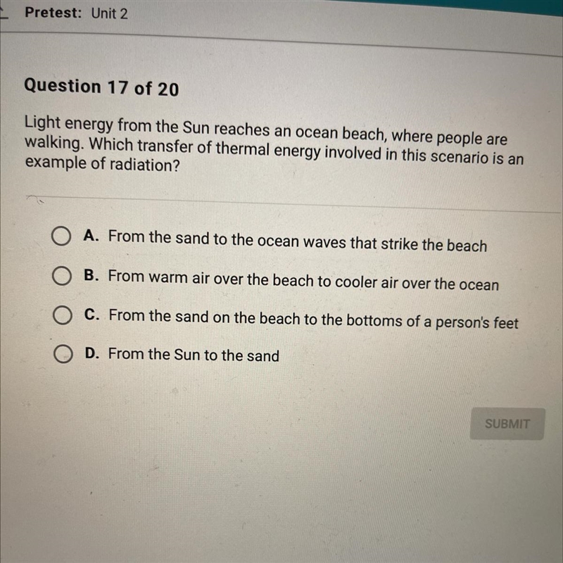 Light energy from the Sun reaches an ocean beach, where people are walking. Which-example-1