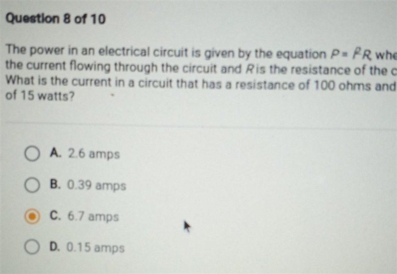 The power in an electrical circuit is given by the equation P= RR, where /is the current-example-1