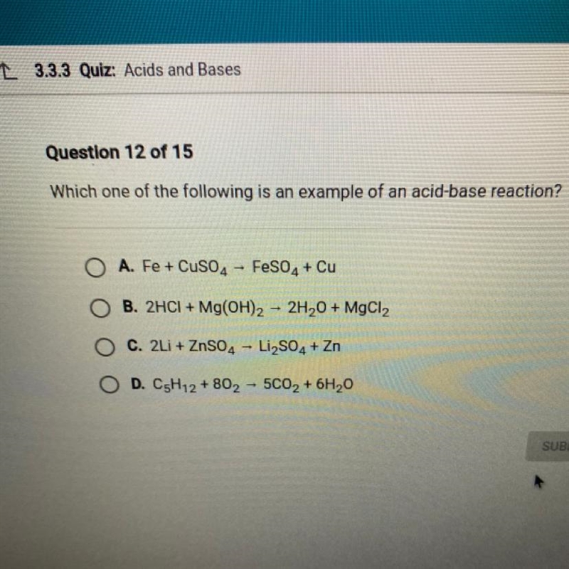 Which one of the following is an example of an acid-base reaction?-example-1