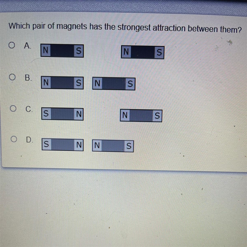 Which pair of magnets has the strongest attraction between them?-example-1