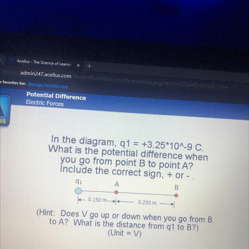 In the diagram, q1 = +3.25*10^-9 C. What is the potential difference when you go from-example-1