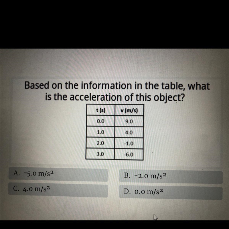 Based on the information in the table, what is the acceleration of this object? t-example-1