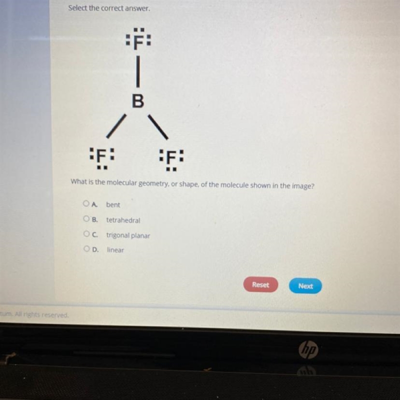 Select the correct answer. F: B F: F: What is the molecular geometry, or shape, of-example-1