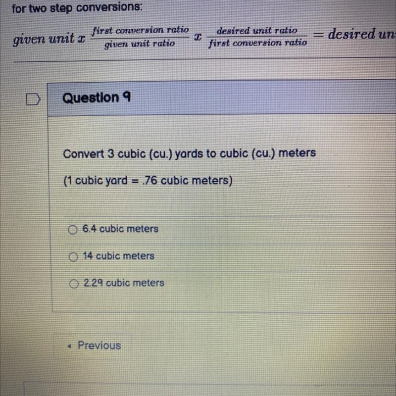 Convert 3 cubic (cu.) yards to cubic (cu.) meters (1 cubic yard = .76 cubic meters-example-1