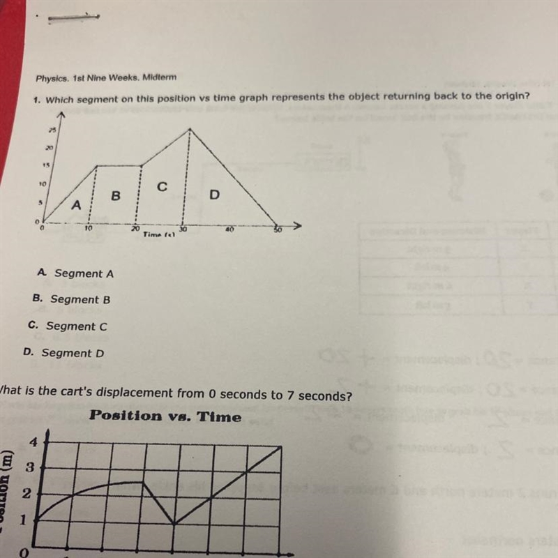 1. Which segment on this position vs time graph represents the object returning back-example-1