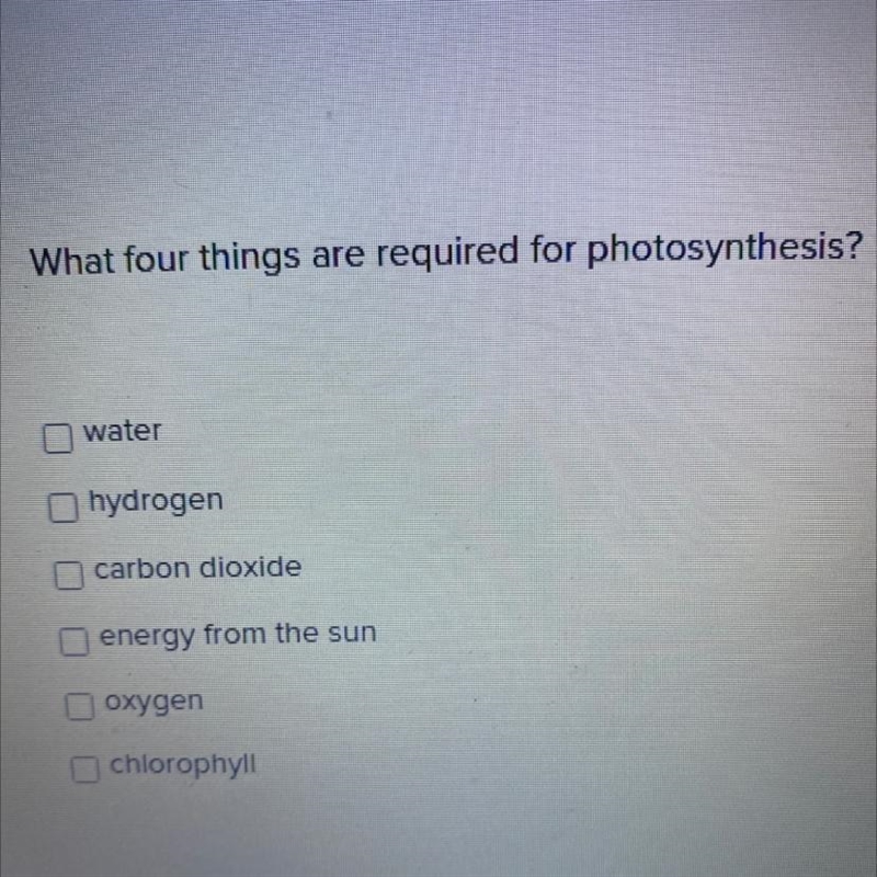 What four things are required for photosynthesis?-example-1