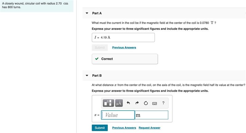 At what distance x from the center of the coil, on the axis of the coil, is the magnetic-example-1