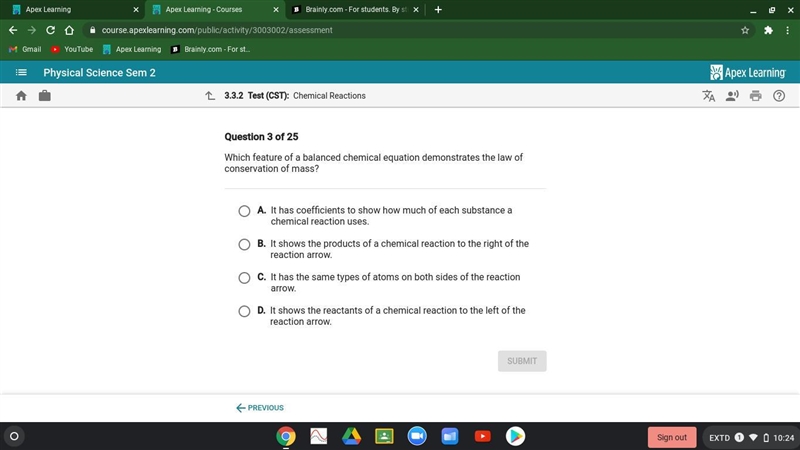 Which feature of a chemical equation represents the law of conservation of mass?-example-1