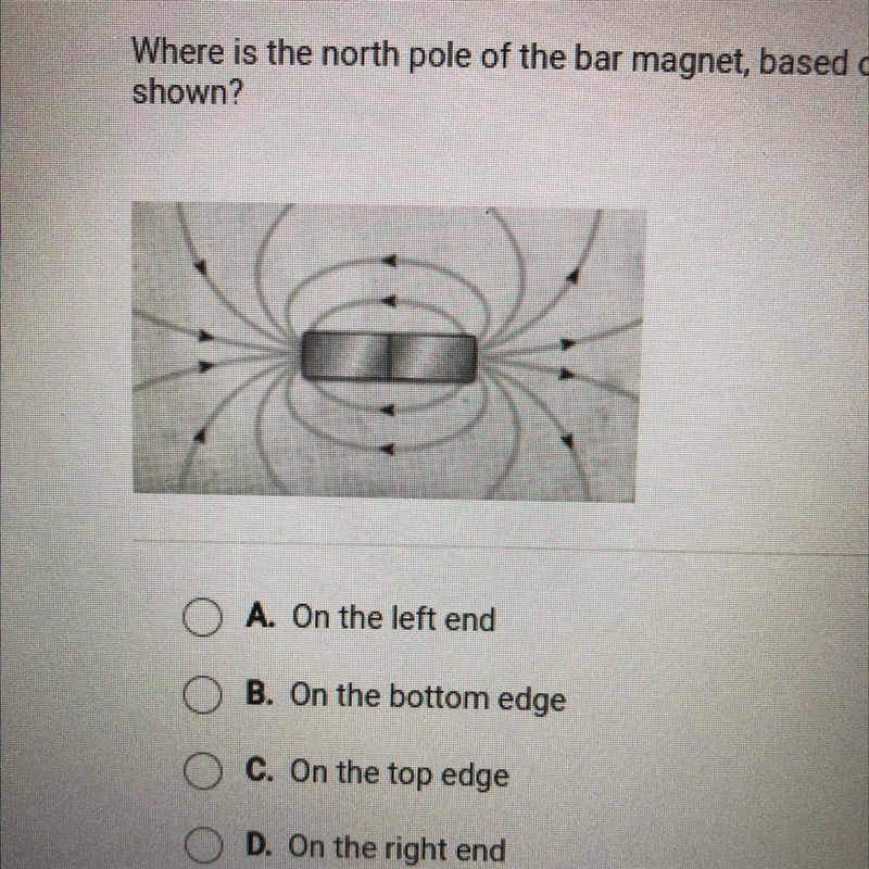 Where is the ((north)) pole of the bar magnet, based on the magnetic field lines shown-example-1