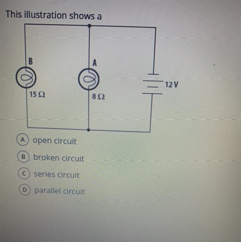 The illustration shows ? A)open circuit B)broken circuit C)series circuit D)parallel-example-1