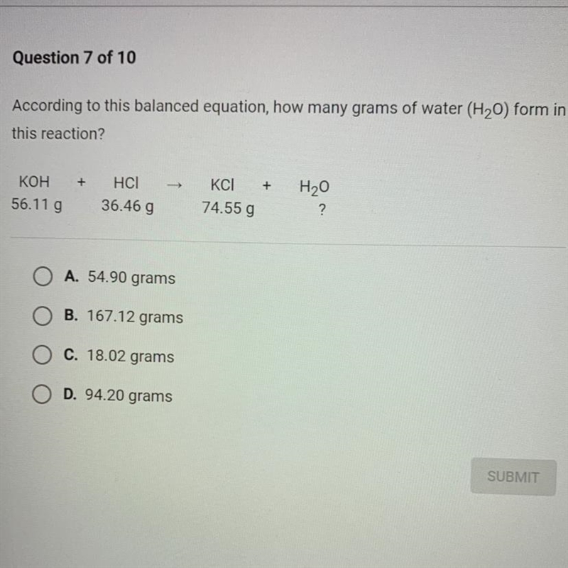 According to this balanced equation, how many grams of water (H20) form in this reaction-example-1