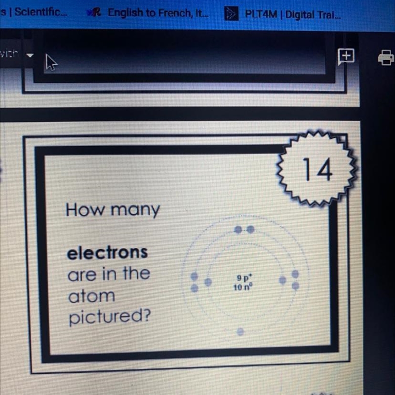 14 How many electrons are in the atom pictured? 9 p* 10 nº-example-1