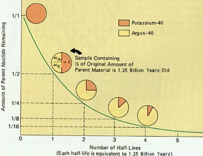 Potassium-40 has a half-life of approximately 1.25 billion years. Approximately how-example-1