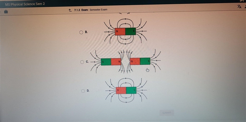 Which diagram best shows the field lines around two bar magnets attracting each other-example-1