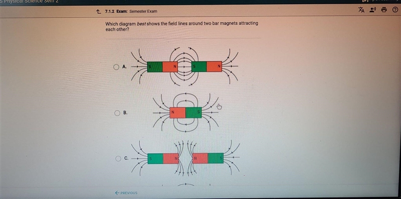 Which diagram best shows the field lines around two bar magnets attracting each other-example-2