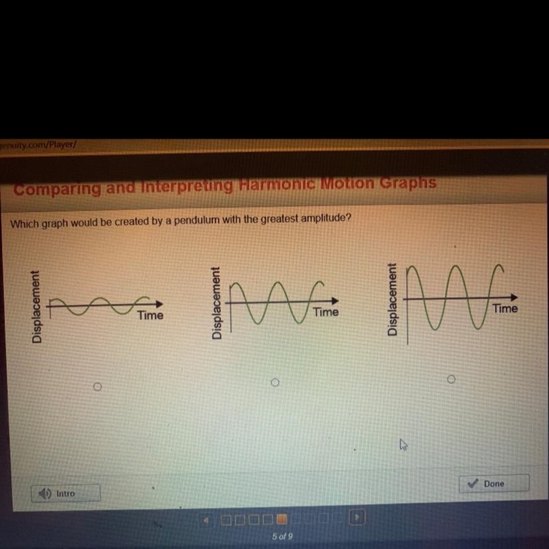 Which graph would be created by a pendulum with the greatest amplitude?-example-1