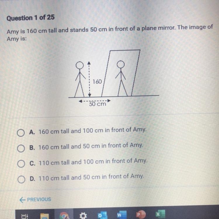 Any is 160 cm tall and stands 50 cm in front of a plane mirror. The image of Amy is-example-1