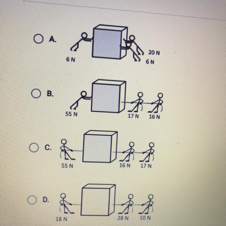 Three people are trying to move a box. Which set of forces will result in a net force-example-1