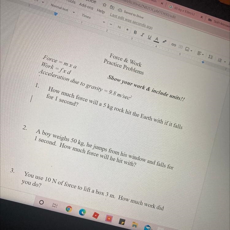 How much force will a 5 kg rock hit the Earth with if it falls for 1 second?-example-1