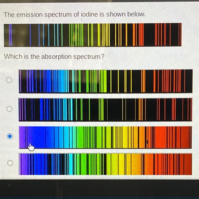 The emission spectrum of iodine is shown below. Which is the absorption spectrum?-example-1