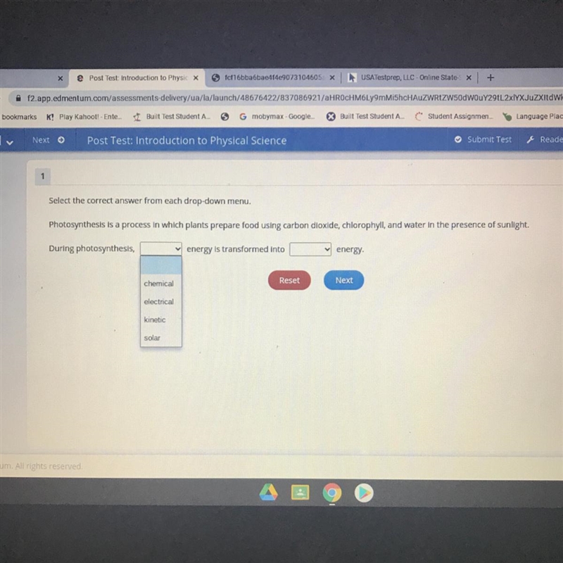 Select the correct answer from each drop-down menu. Photosynthesis is a process in-example-1