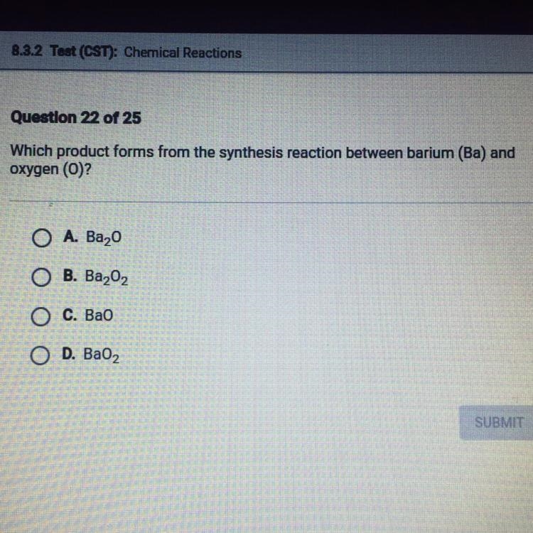 Which product forms from the synthesis reaction between barium (Ba) and oxygen (O-example-1