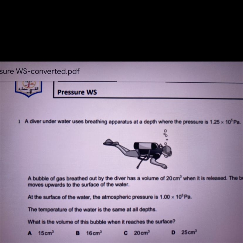 What is the volume of this bubble when it reaches the surface?-example-1