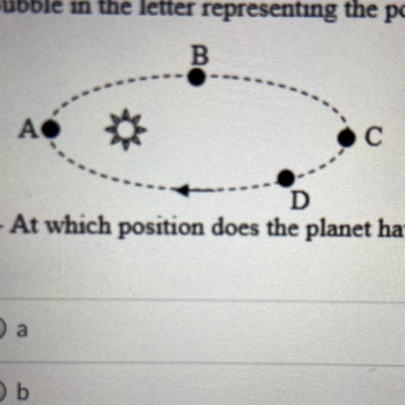 A planet orbits a sun in a clockwise elliptical orbit as shown in the diagram below-example-1