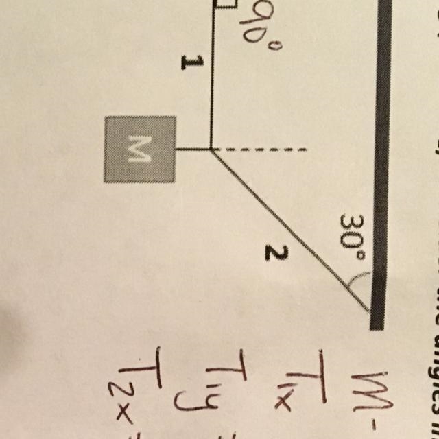 A 2.0kg mass is suspended by two strings. Solve for the tension of both strings.-example-1