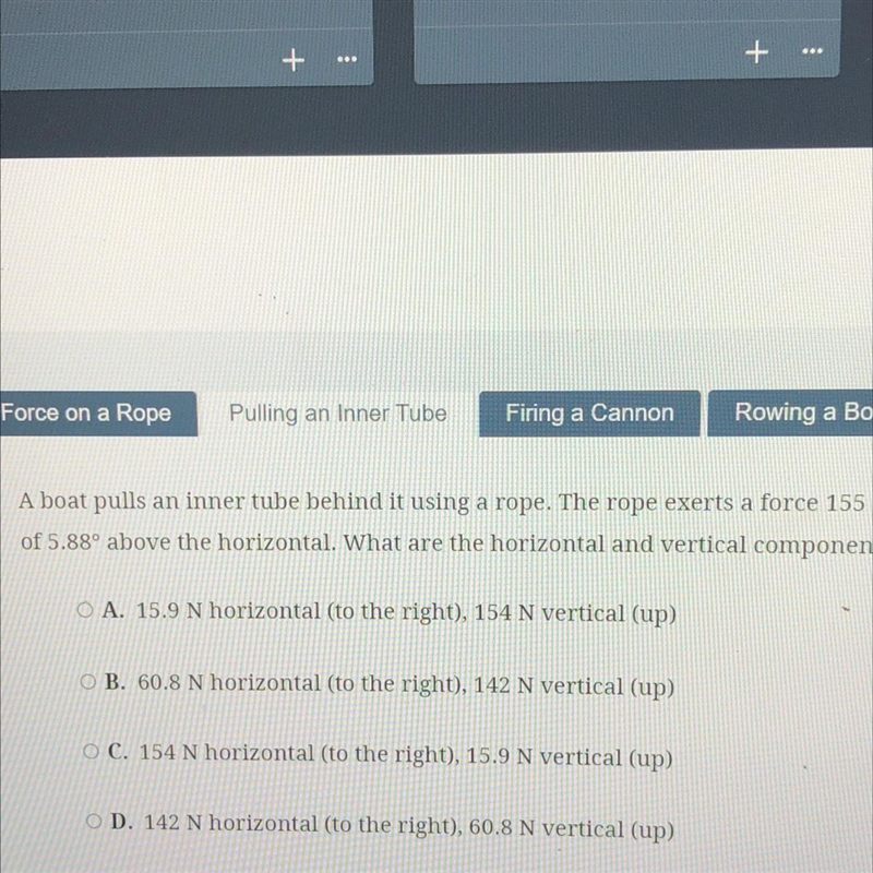 A boat pulls an inner tube behind it using a rope. The rope exerts a force 155 N on-example-1