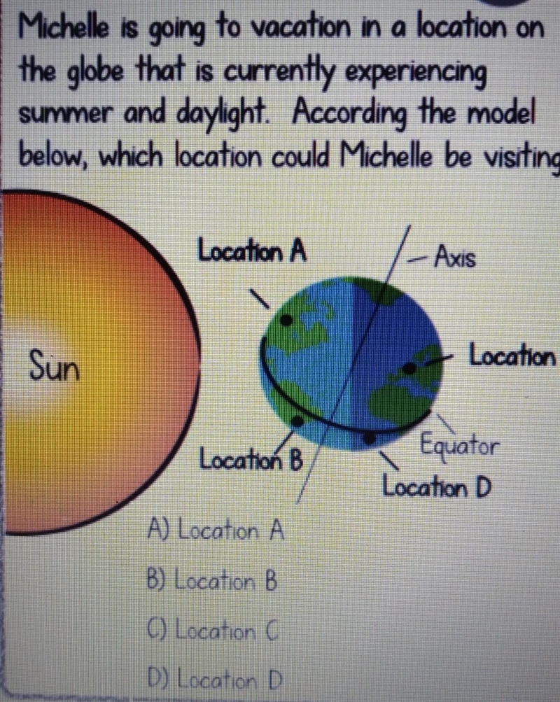 Michelle is going to vacation in a location on the globe that is currently experiencing-example-1