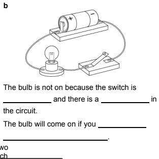 The bulb is not on because the switch is___ and there is a____in the circuit. The-example-1